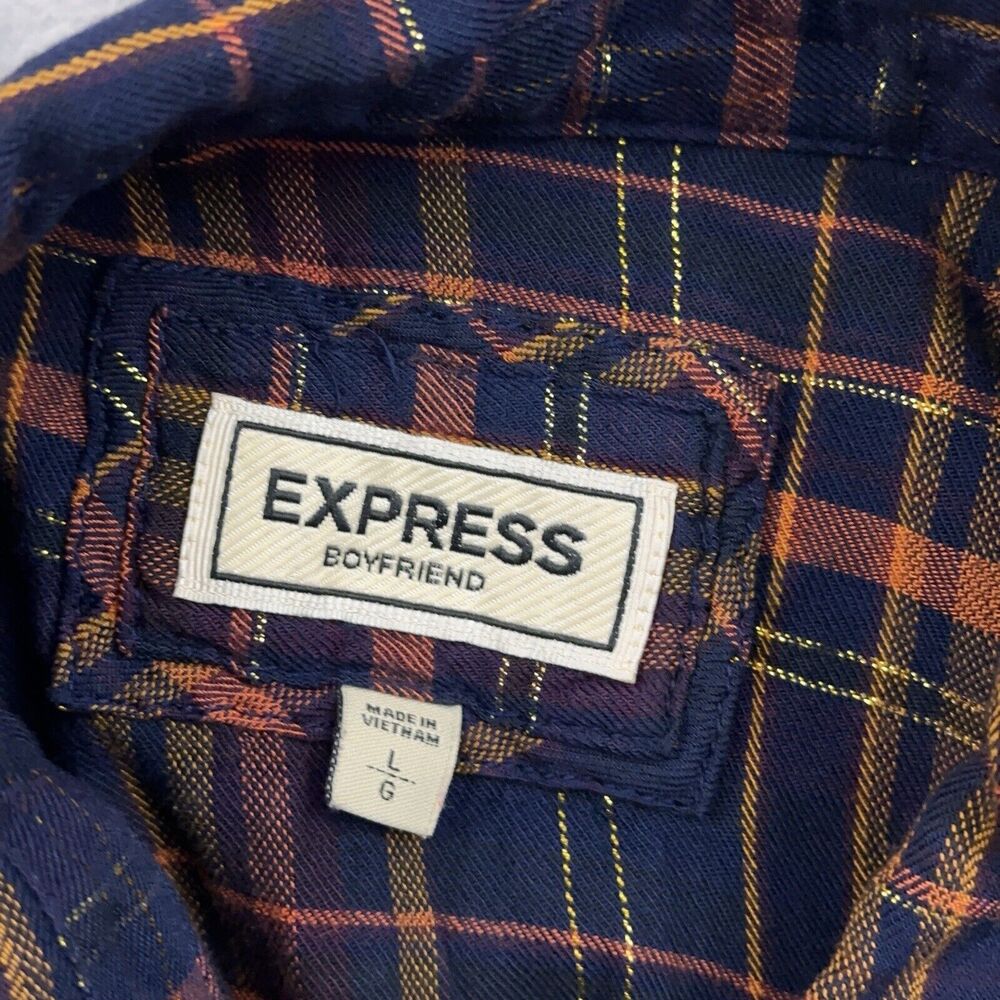 Express Shirt Women's Size L Blue Metallic Western Plaid Studded Boyfriend Snap - Picture 8 of 10